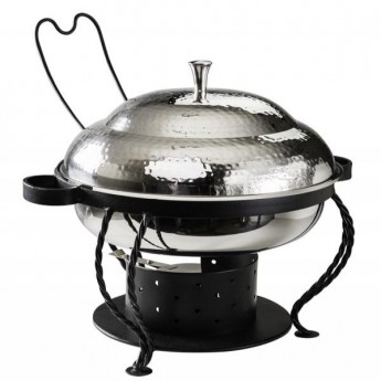 8 Qt. Round Chafer Hammered SS Black Wrought Iron Stand