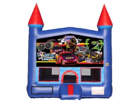 Blue & Red Castle Bounce House - Race Cars