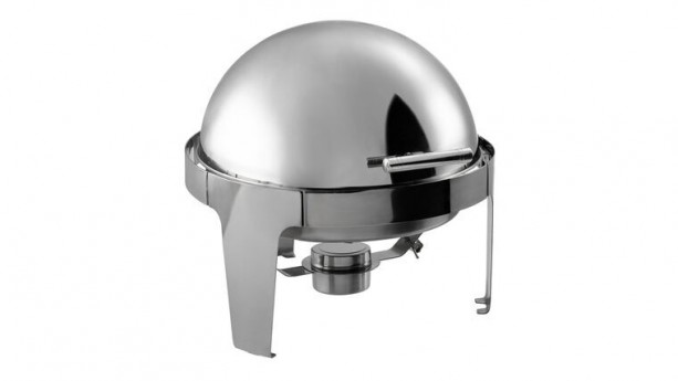 Choice Supreme 6.5 Qt. Round Stainless Steel Roll Top Chafer with Chrome Trim