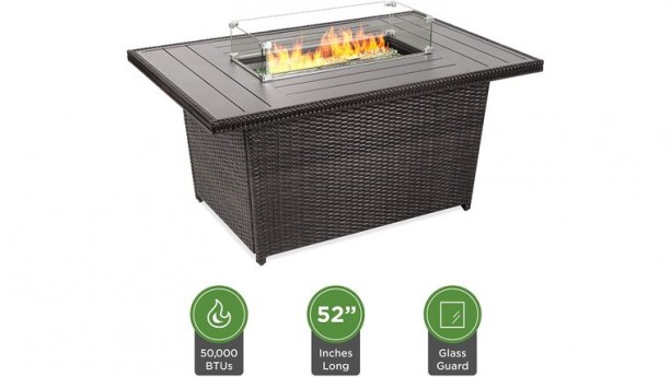 Best Choice Products 52in Outdoor Wicker Propane Fire Pit Table 50,000 BTU w/Glass Wind Guard, Tank Holder, Cover -Gray