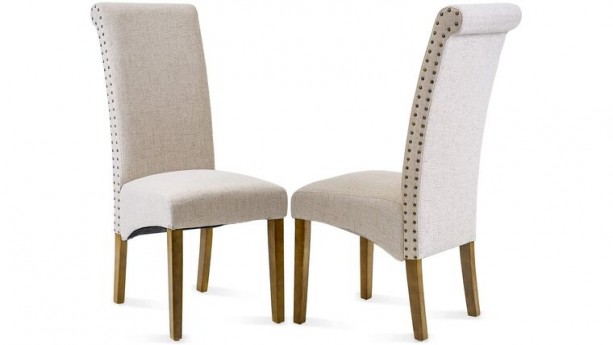Beige Fabric Padded Side Chair with Solid Wood Legs, Nailed Trim