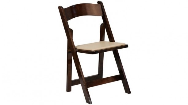 Fruitwood Wood Folding Chair with Tan Vinyl Padded Seat