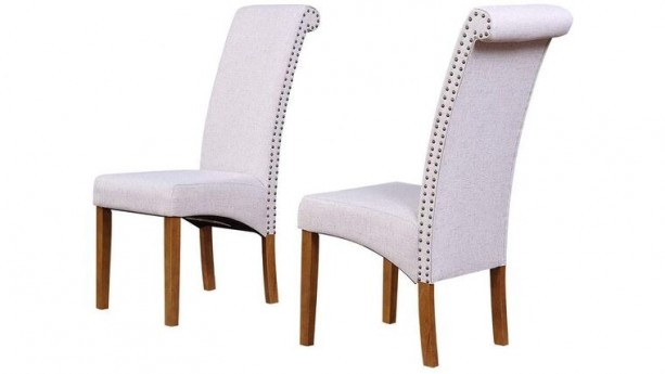 Light Beige Fabric Padded Side Chair with Solid Wood Legs, Nailed Trim