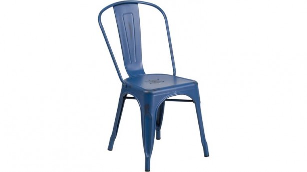 Commercial Grade Distressed Antique Blue Metal Indoor-Outdoor Stackable Chair