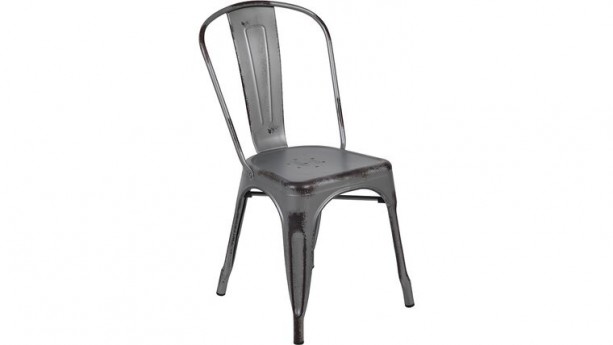 Commercial Grade Distressed Silver Gray Metal Indoor-Outdoor Stackable Chair
