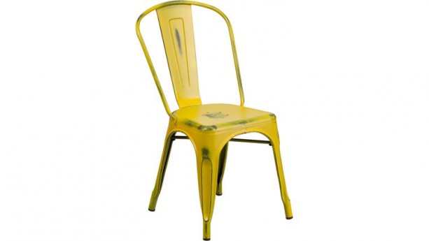 Commercial Grade Distressed Yellow Metal Indoor-Outdoor Stackable Chair