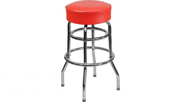 Red Double Ring Leather Barstool With Chrome Legs