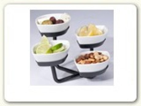 Stand; 3 level condiment holder with 4 ceramic bowls