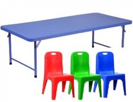 Kids Blue Table 5 ft and Assorted Color Chairs