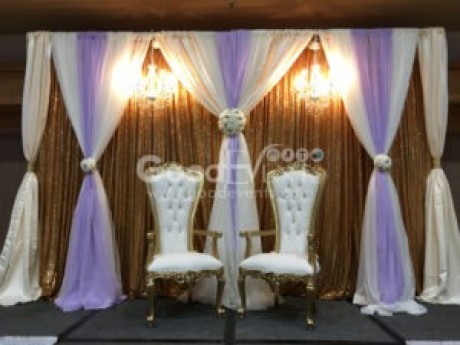 Backdrop #1 (10' w x 7' h) Gold sparkle, Lavender, Ivory + Chandeliers