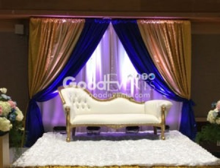 Backdrop #4 (10' w x 7' h) Gold sparkle, royal blue and white.